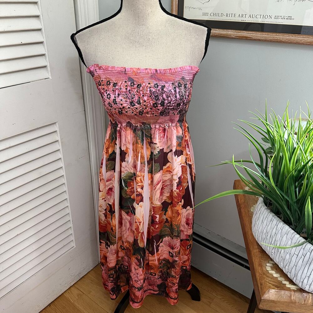 Lapis Dress Womens One Size Pink Orange Smocked Strapless Sequin Indie Boho Chic